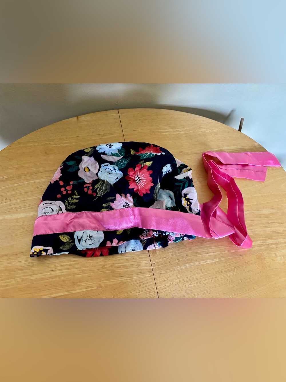 Floral Navy Surgical Scrub Cap with Pink Tie